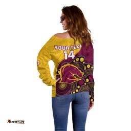 Custom Text And Number Broncos Rugby Off Shoulder Sweater Brisbane 1987 Indigenous Art 02