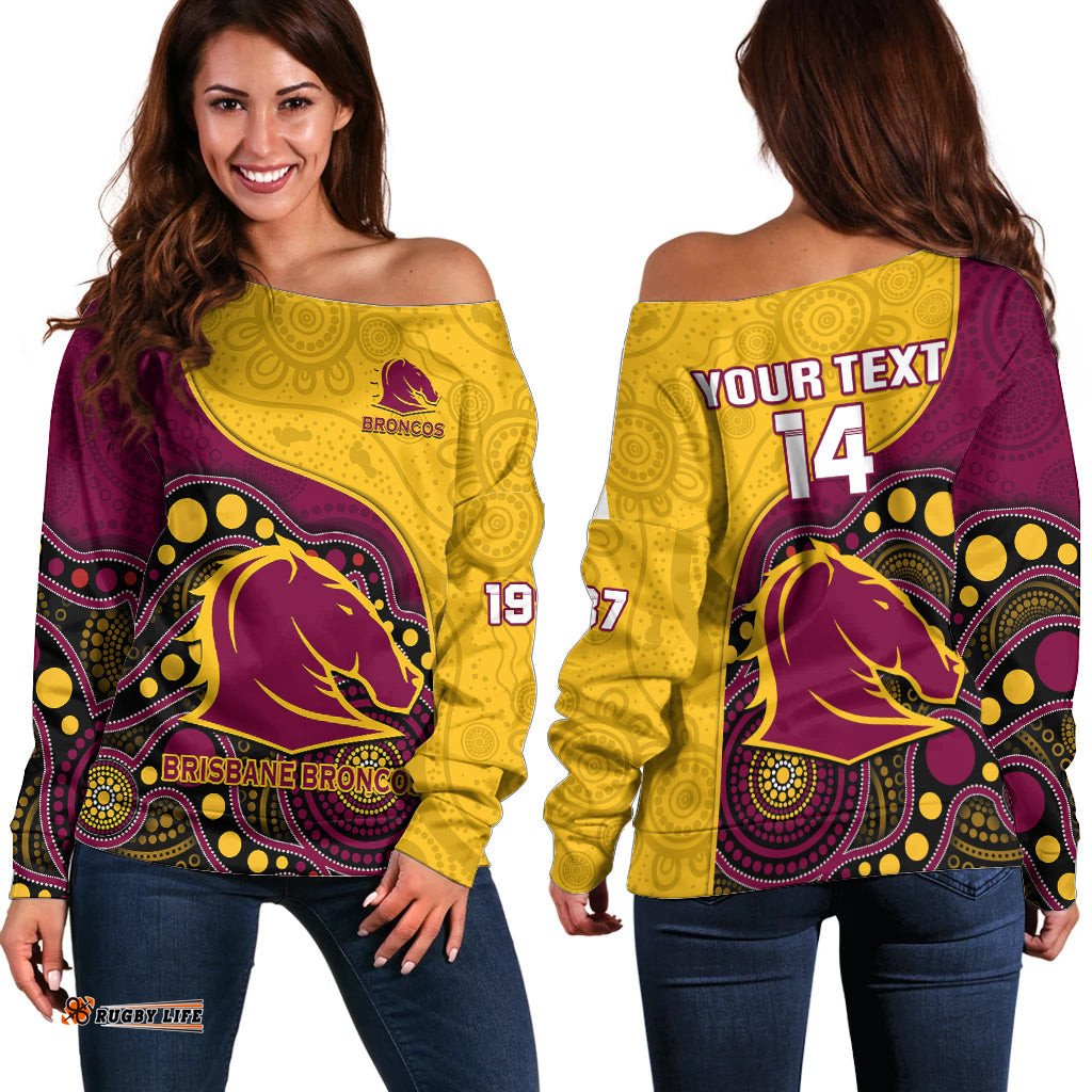 Custom Text And Number Broncos Rugby Off Shoulder Sweater Brisbane 1987 Indigenous Art 02