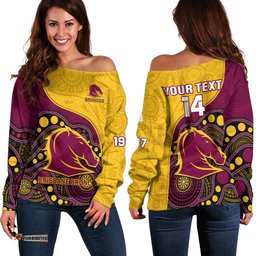 Custom Text And Number Broncos Rugby Off Shoulder Sweater Brisbane 1987 Indigenous Art 02