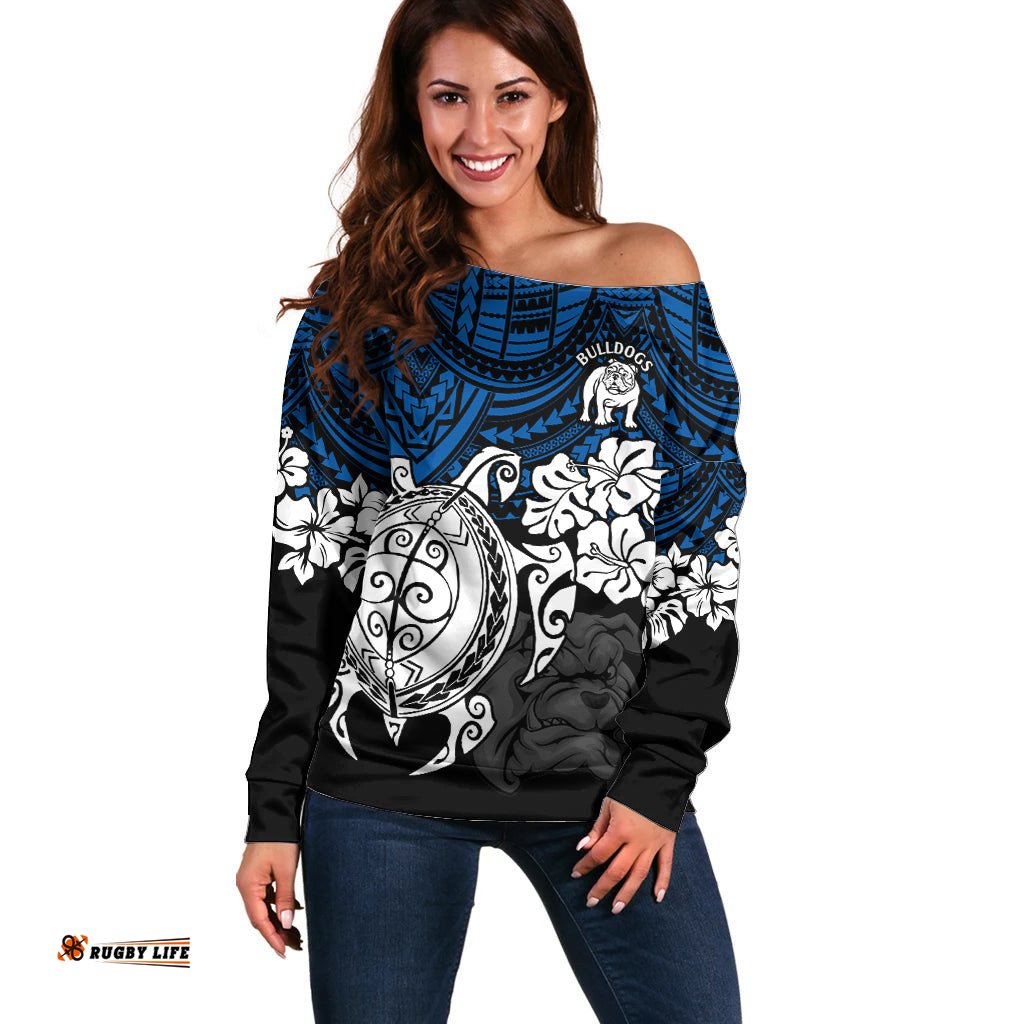 Custom Bulldogs Rugby Off Shoulder Sweater Berries Hibiscus and Turtle With Polynesian Pattern