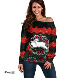 Custom Text And Number ANZAC NRL Rabbitohs Rugby Off Shoulder Sweater The Bunnies 1908 Poppy Flowers Mixed Aboriginal