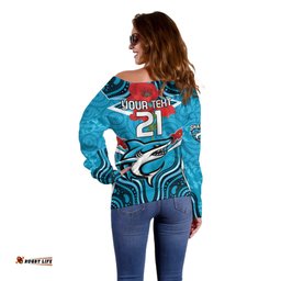 Custom Sharks Rugby ANZAC Off Shoulder Sweater Gallipoli Soldier With Aboriginal Art