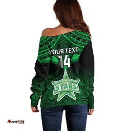 Custom Melbourne Stars Cricket Off Shoulder Sweater Unique Indigenous Art Mix Polynesian Pattern