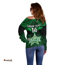 Custom Melbourne Stars Cricket Off Shoulder Sweater Unique Indigenous Art Mix Polynesian Pattern