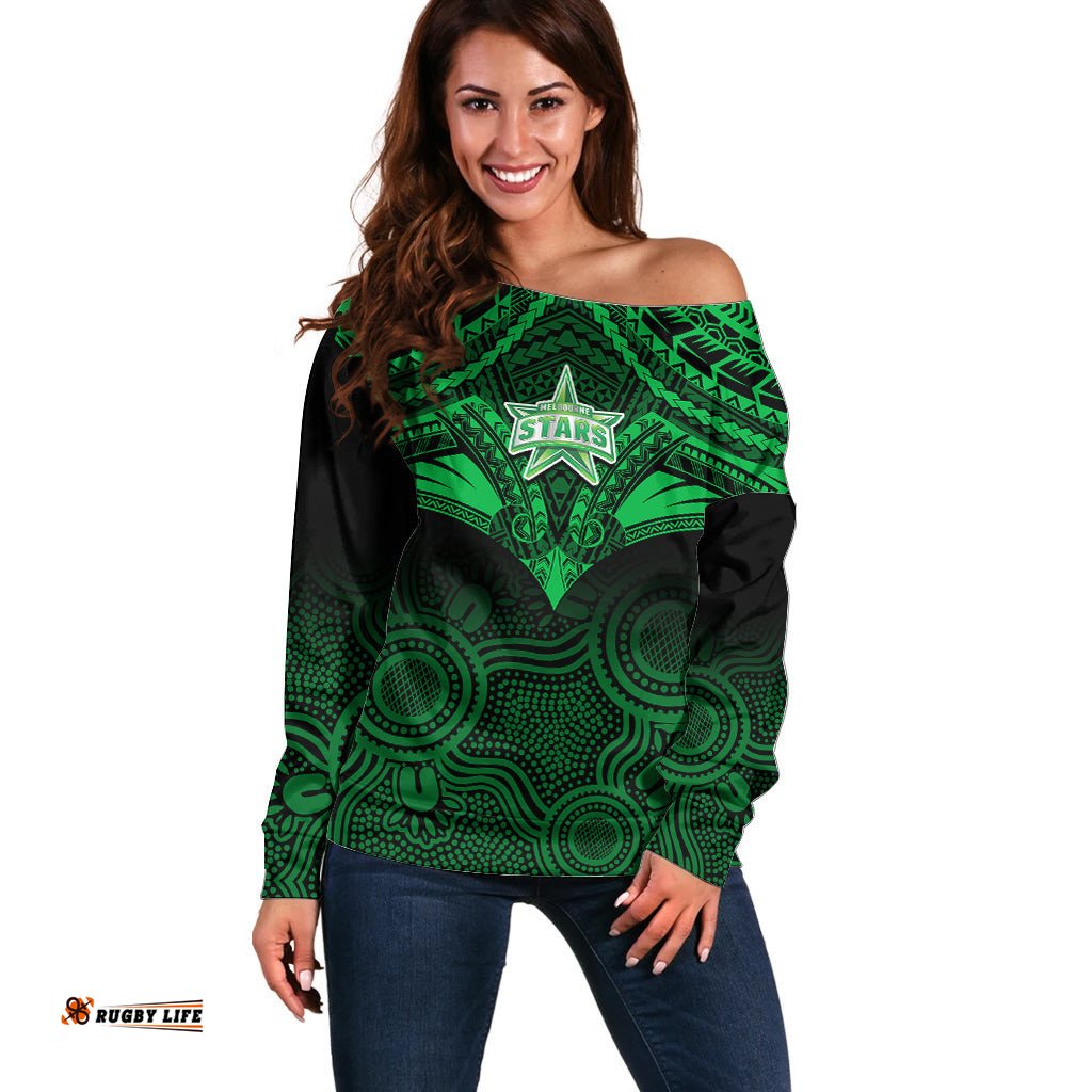 Custom Melbourne Stars Cricket Off Shoulder Sweater Unique Indigenous Art Mix Polynesian Pattern