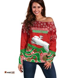Custom Rabbitohs Rugby Christmas Off Shoulder Sweater Merry Xmas Mix Aboriginal Art
