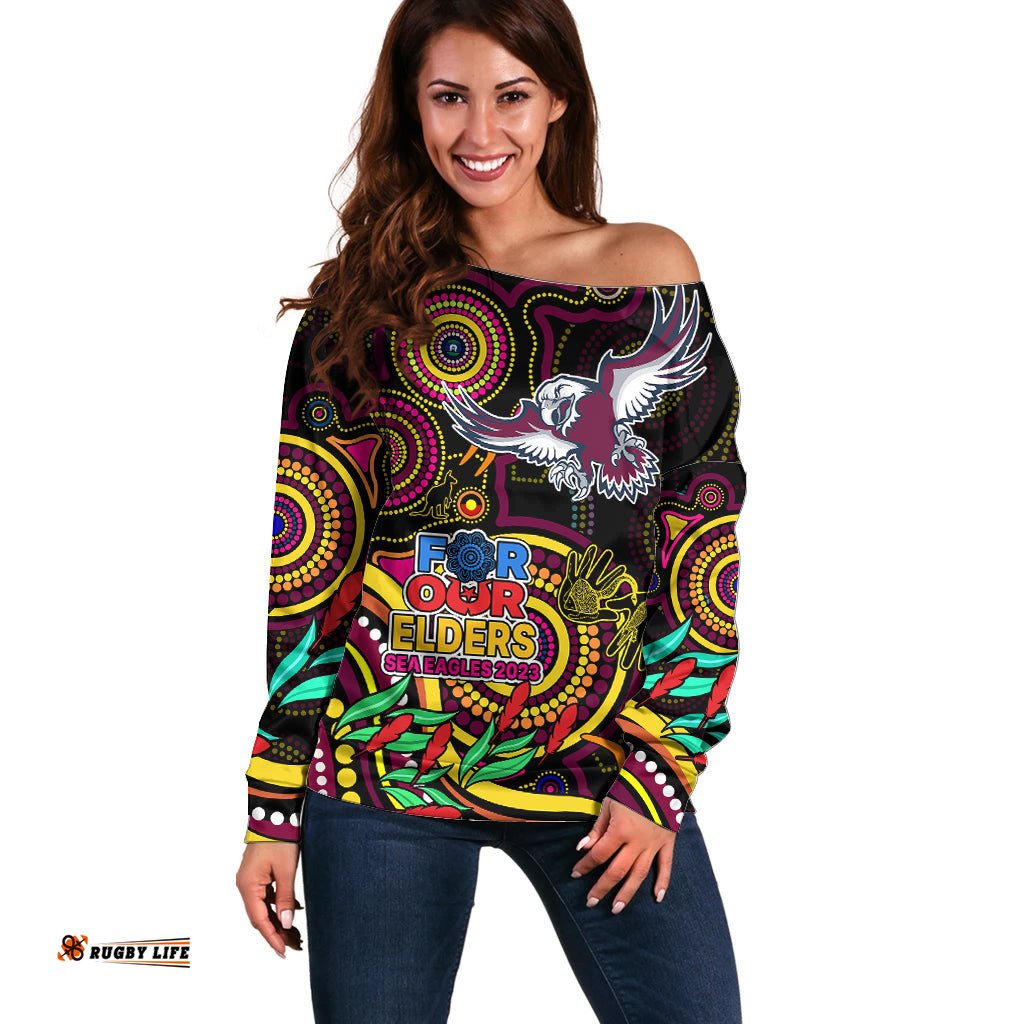 Custom Sea Eagles Rugby Aboriginal Art Off Shoulder Sweater NAIDOC Indigenous Tribal