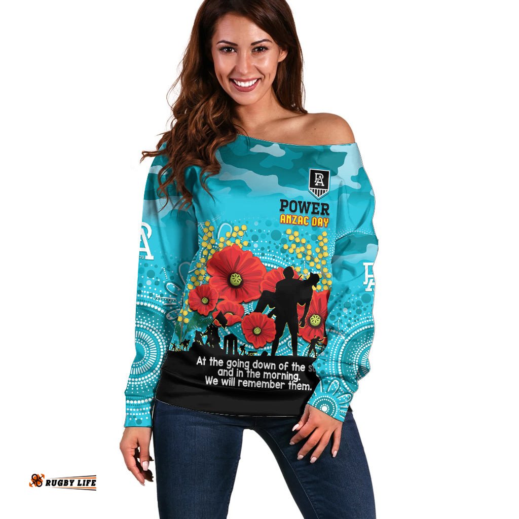 Custom Port Adelaide Football ANZAC Off Shoulder Sweater Gallipoli Camouflage With Poppies