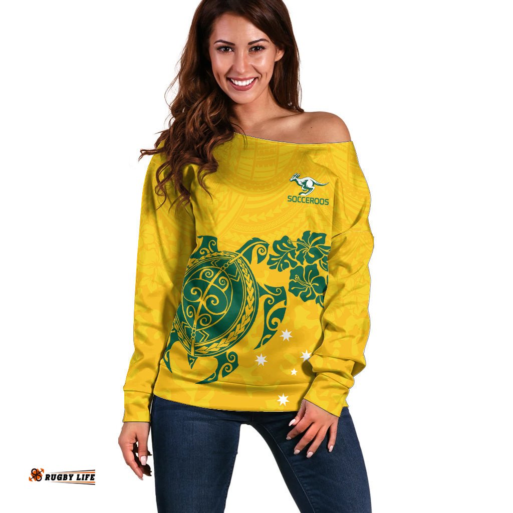 Custom Australia Soccer Off Shoulder Sweater Socceroos Hibiscus and Turtle With Polynesian Pattern