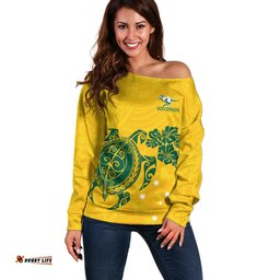 Custom Australia Soccer Off Shoulder Sweater Socceroos Hibiscus and Turtle With Polynesian Pattern