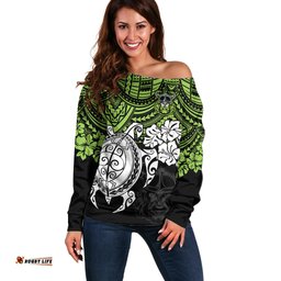 Custom Raiders Rugby Off Shoulder Sweater Canberra Hibiscus and Turtle With Polynesian Pattern