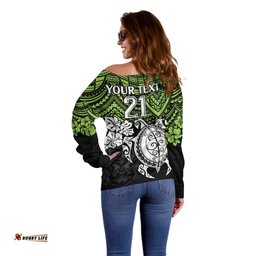 Custom Raiders Rugby Off Shoulder Sweater Canberra Hibiscus and Turtle With Polynesian Pattern