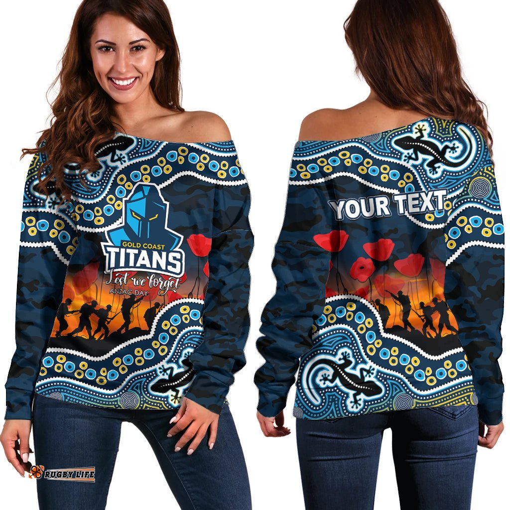 Custom Personalised Anzac Day NRL Titans Off Shoulder Sweater Aboriginal Lizard Patterns
