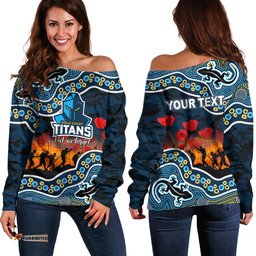 Custom Personalised Anzac Day NRL Titans Off Shoulder Sweater Aboriginal Lizard Patterns