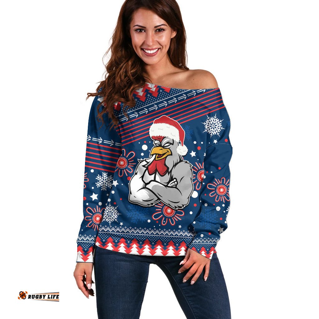 Custom Roosters Rugby Off Shoulder Sweater Chirstmas Vibe 2023
