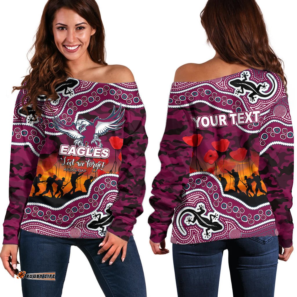 Custom Personalised Anzac Day NRL Sea Eagles Off Shoulder Sweater Aboriginal Lizard Patterns