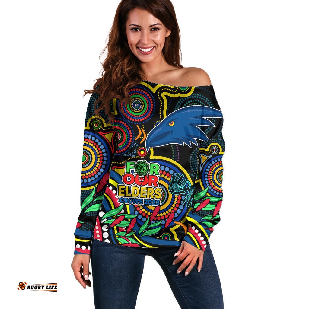 Crows Football Aboriginal Art Off Shoulder Sweater NAIDOC Indigenous Tribal