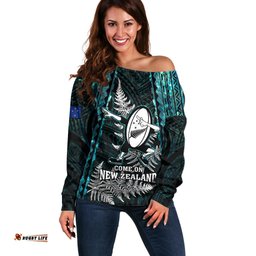 Custom New Zealand Silver Fern Rugby Off Shoulder Sweater Aotearoa All Black Dabbing Ball With Maori Paua Shell