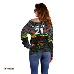 Custom Panthers Rugby Off Shoulder Sweater Polynesian and Aboriginal Vibe