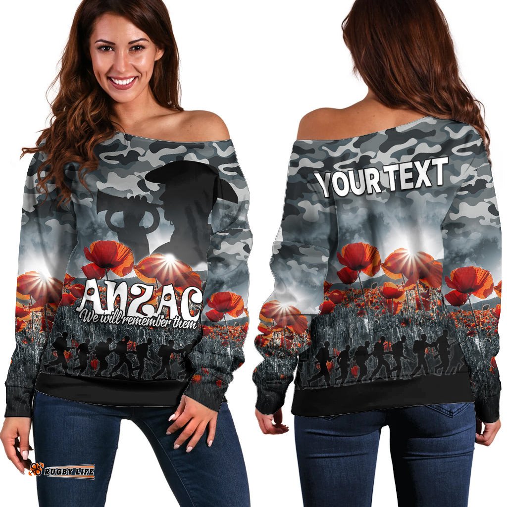 Custom Personalised Anzac Day Off Shoulder Sweater Soldier Poppy Vibe