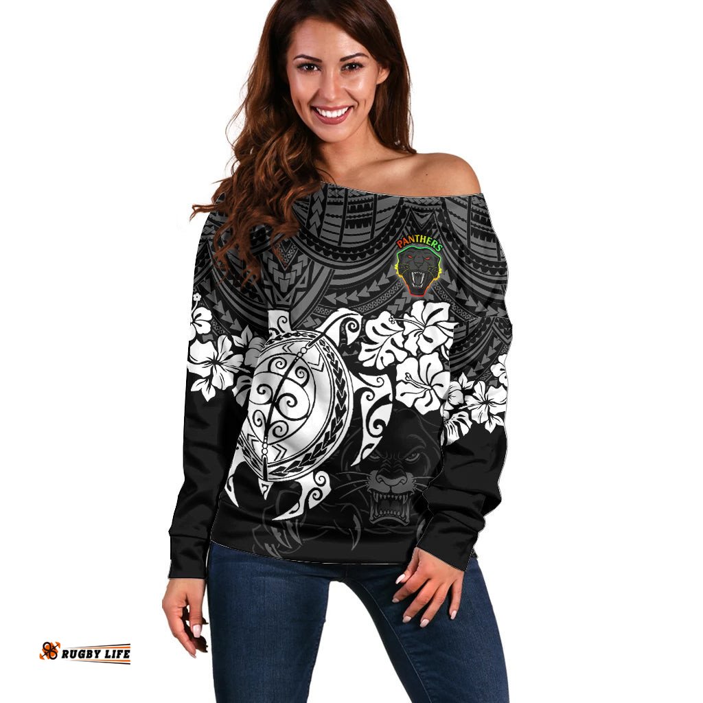 Custom Panthers Rugby Off Shoulder Sweater Penrith Hibiscus and Turtle With Polynesian Pattern
