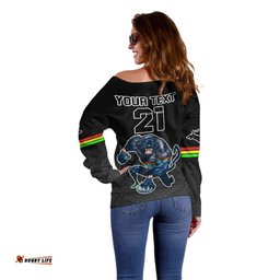 Custom Panthers Premier Off Shoulder Sweater Mascot with NRL Trophy Black Version