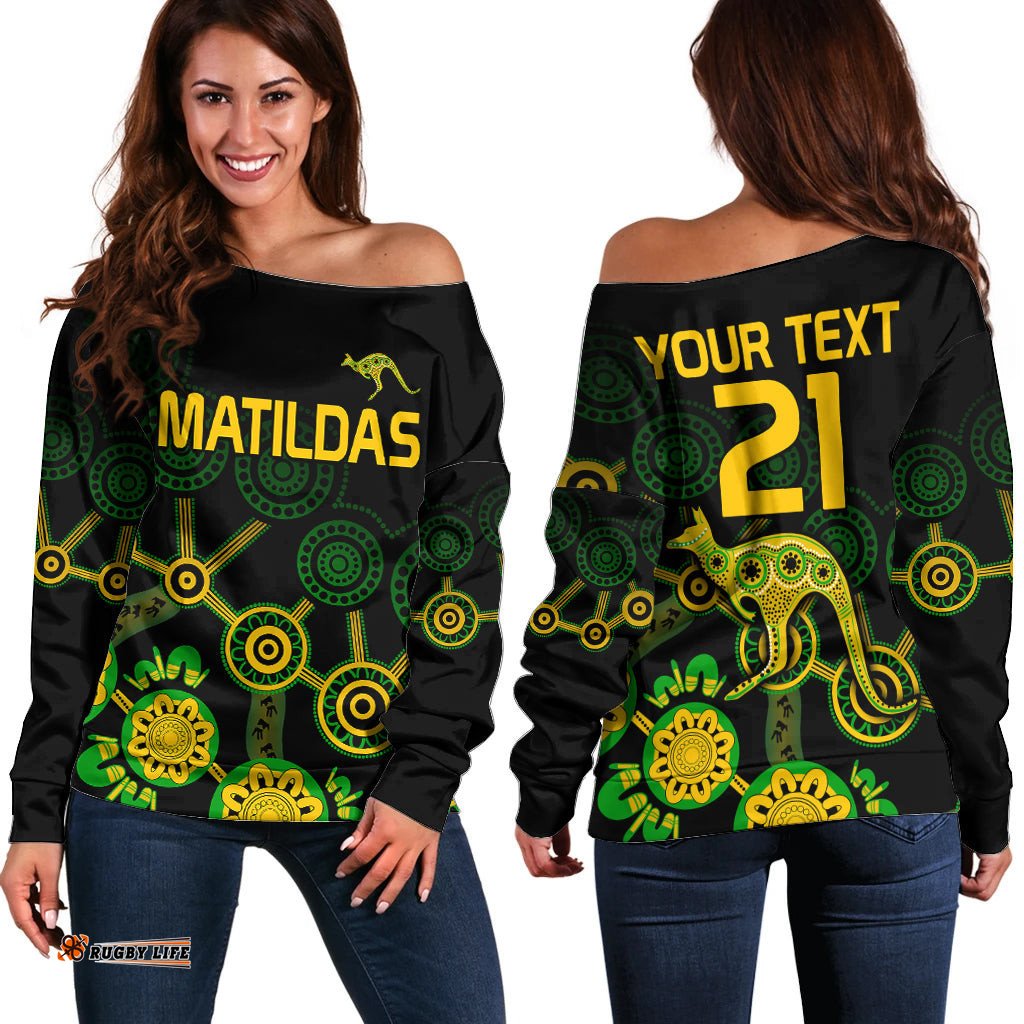 Custom Text And Number Australia Soccer Off Shoulder Sweater Matildas World Cup With Kangaroo