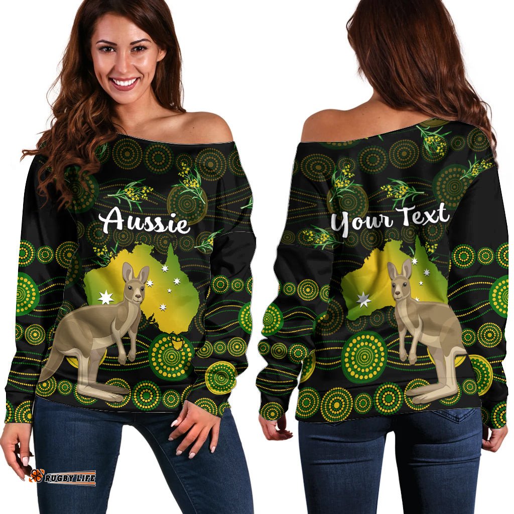 Custom Personalised Australia Off Shoulder Sweater Golden Wattle Mix Kangaroo And Map