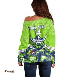 Custom Raiders Rugby Christmas Off Shoulder Sweater Merry Xmas Mix Aboriginal Art
