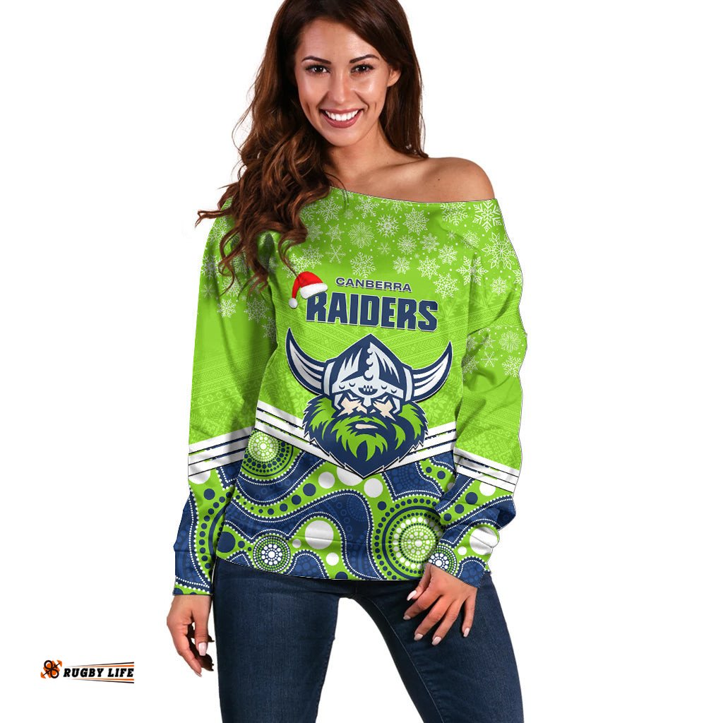 Custom Raiders Rugby Christmas Off Shoulder Sweater Merry Xmas Mix Aboriginal Art