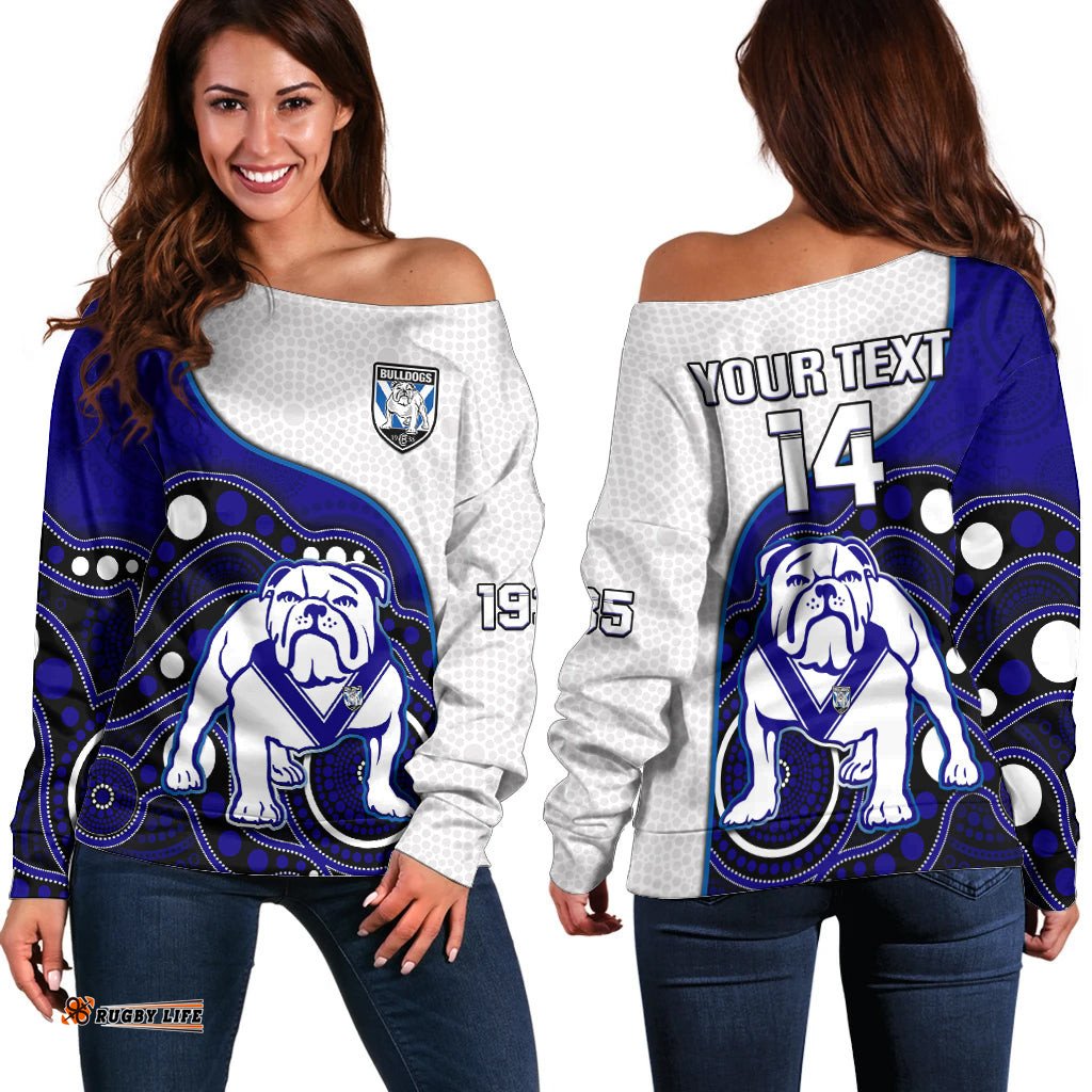 Custom Text And Number Bulldogs Rugby Off Shoulder Sweater Go Doggies Indigenous Art 04
