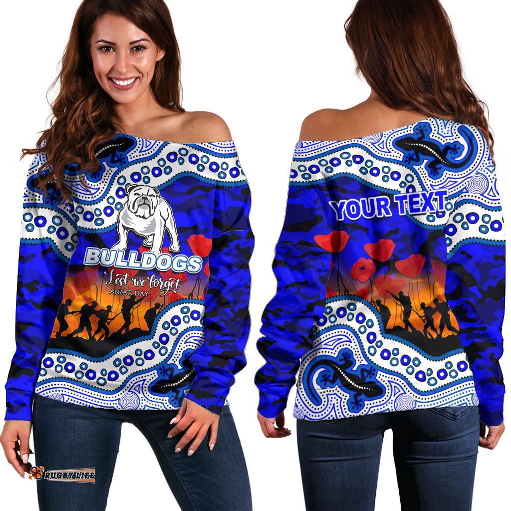 Custom Personalised Anzac Day NRL Bulldogs Off Shoulder Sweater Aboriginal Lizard Patterns