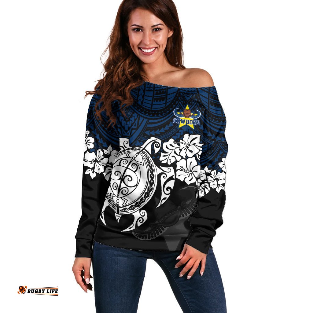 Custom Cowboys Rugby Off Shoulder Sweater Hibiscus and Turtle With Polynesian Pattern