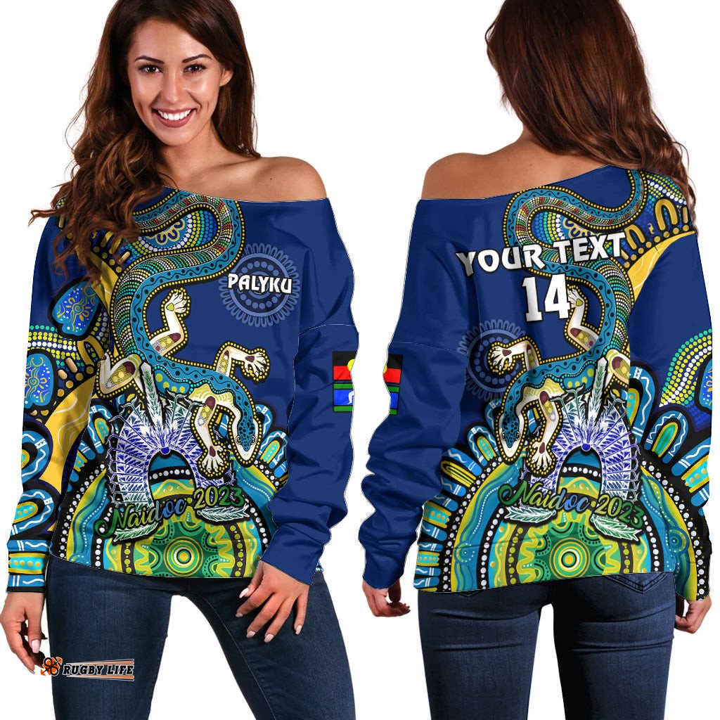 Custom Text And Number Australia NAIDOC Off Shoulder Sweater Palyku Indigenous Lizard For Our Elders