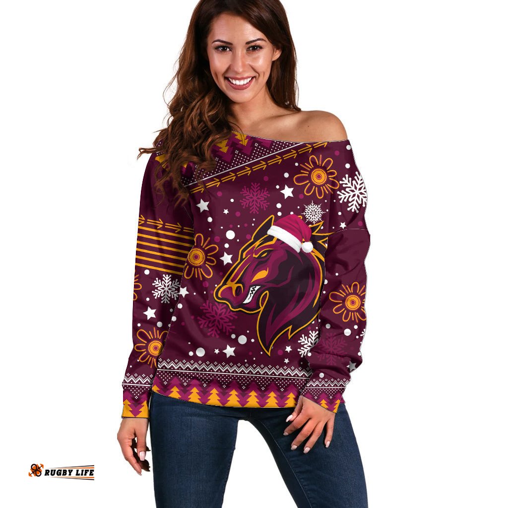 Custom Broncos Rugby Off Shoulder Sweater Heart Of All Queenland Christmas Vibe Unique
