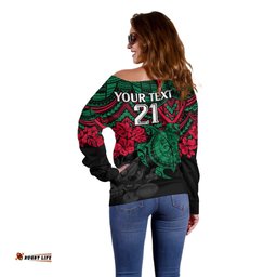 Custom Rabbitohs Rugby Off Shoulder Sweater Bunnies Hibiscus and Turtle With Polynesian Pattern
