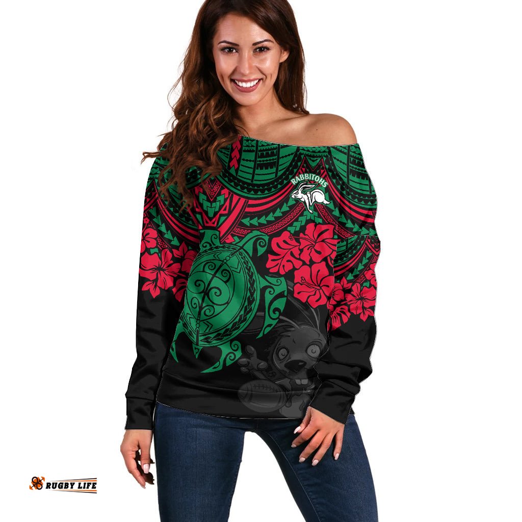 Custom Rabbitohs Rugby Off Shoulder Sweater Bunnies Hibiscus and Turtle With Polynesian Pattern