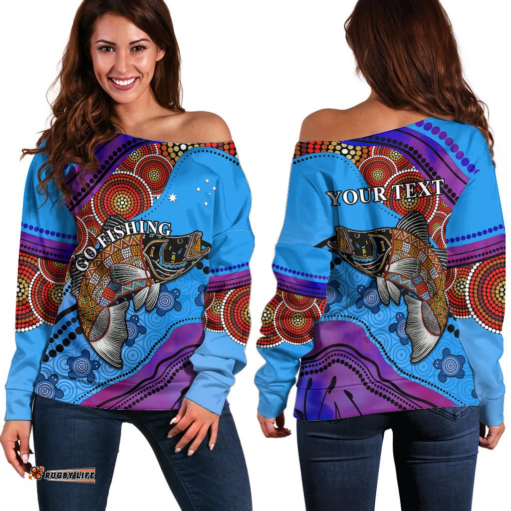 Custom Personalised Australia Off Shoulder Sweater Go Fishing Aboriginal Art