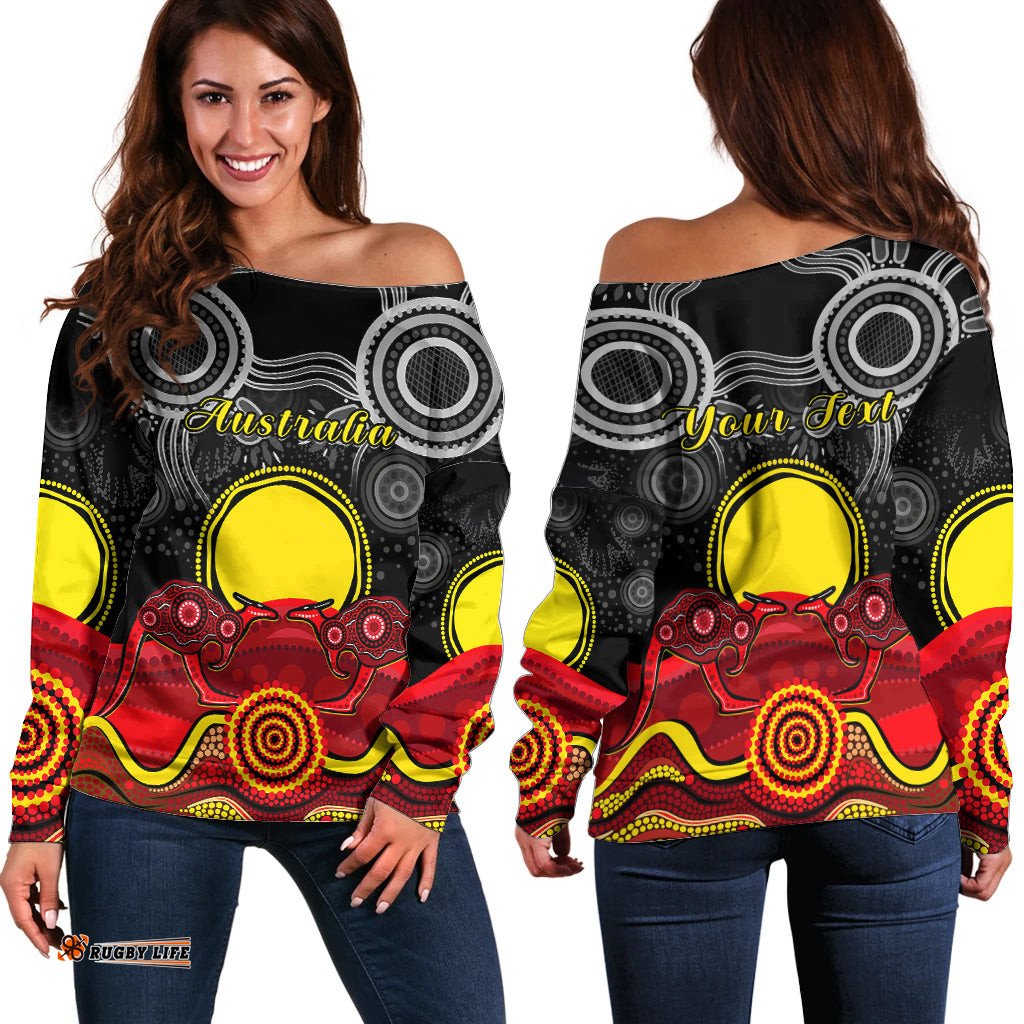 Custom Personalised Australian Indigenous Off Shoulder Sweater Kangaroos Circle Aboriginal Art