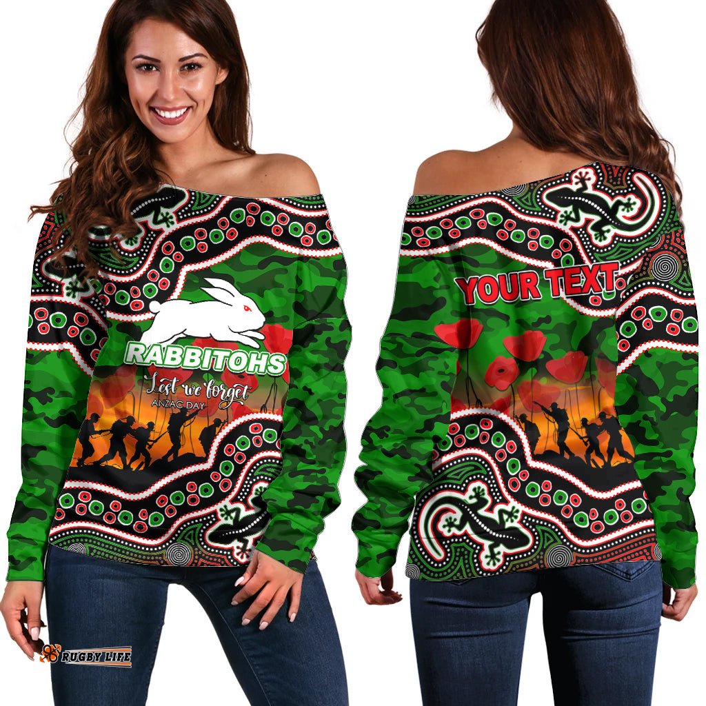 Custom Personalised Anzac Day NRL Rabbitohs Off Shoulder Sweater Aboriginal Lizard Patterns