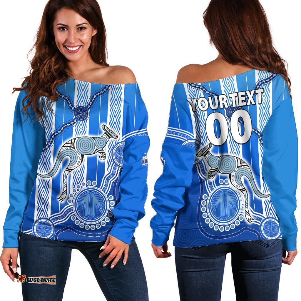 Custom Text And Number Kangaroos Indigenous Off Shoulder Sweater North Melbourne Football