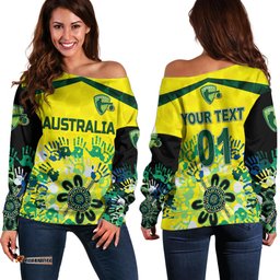 Custom Personalised Australia Cricket Off Shoulder Sweater Aboriginal Style Unique Black 06