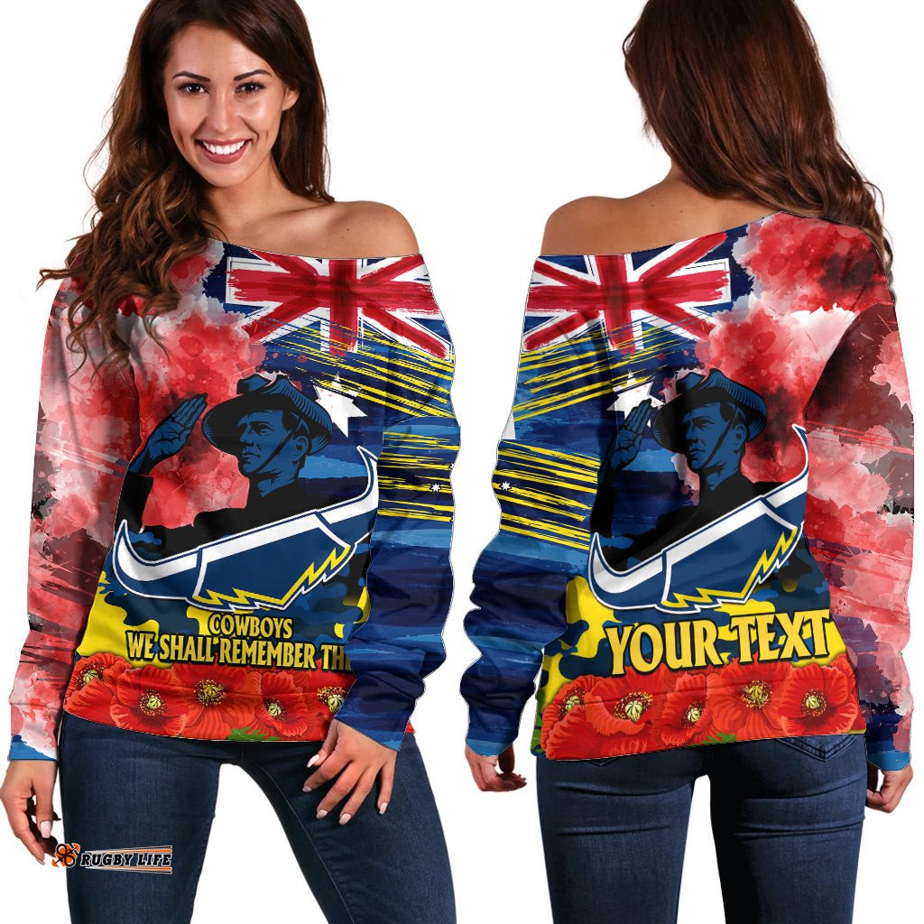 Custom Personalised ANZAC Cowboys Rugby Off Shoulder Sweater We Shall Remember 07