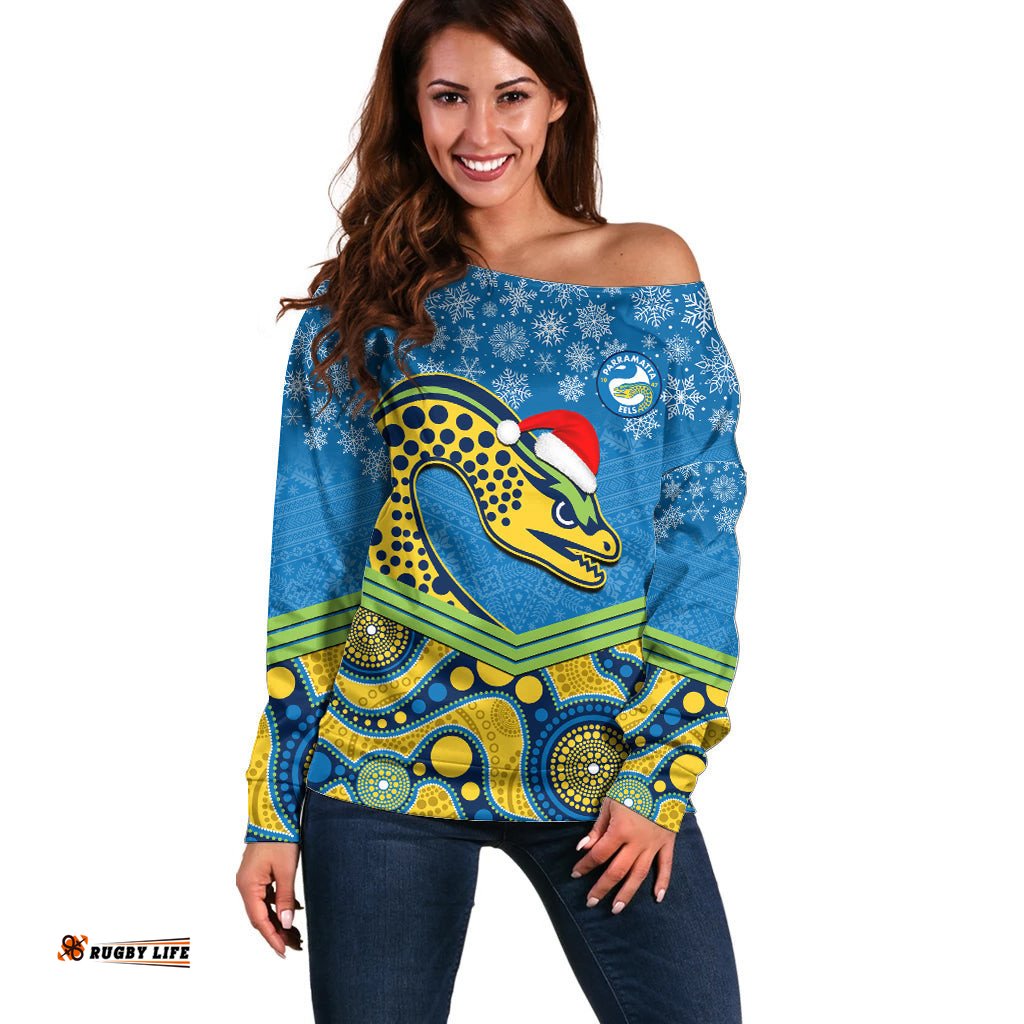 Custom Parramatta Eels Rugby Christmas Off Shoulder Sweater Merry Xmas Mix Aboriginal Art