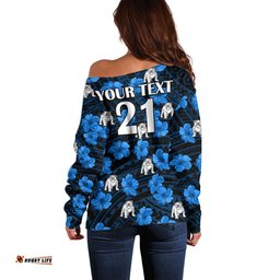 Custom Text And Number Bulldogs Rugby Off Shoulder Sweater Polynesian Style With Hibiscus