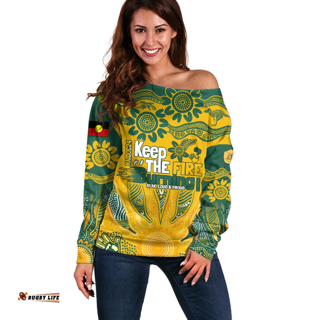 Custom Socceroos NAIDOC Week 2024 Off Shoulder Sweater Indigenous Burning Fire National Colors