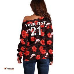 Custom Text And Number Dolphins Rugby Off Shoulder Sweater Polynesian Style With Hibiscus