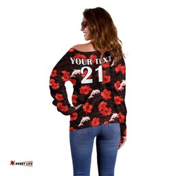 Custom Text And Number Dolphins Rugby Off Shoulder Sweater Polynesian Style With Hibiscus