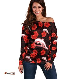 Custom Text And Number Dolphins Rugby Off Shoulder Sweater Polynesian Style With Hibiscus