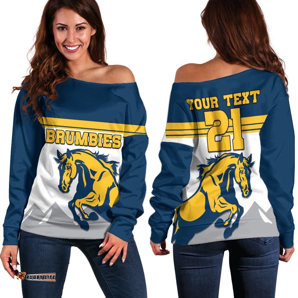 Custom Text And Number Brumbies Rugby Union Off Shoulder Sweater Australia Silhouettes Of Horses